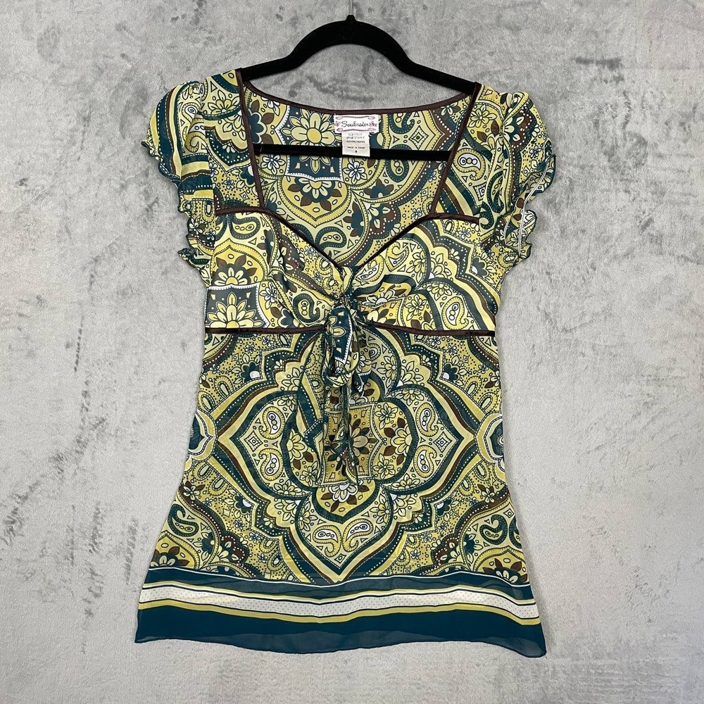 Boho Sheer Ruched Empire Babydoll Tie Front Y2K Stretch Top Small Retro Festival